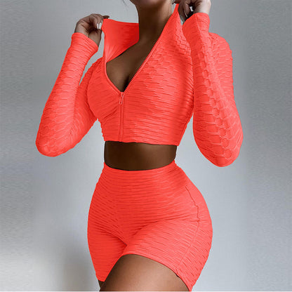 Women's 2 Piece Long Sleeve Crop Top / High Waist Shorts Suit