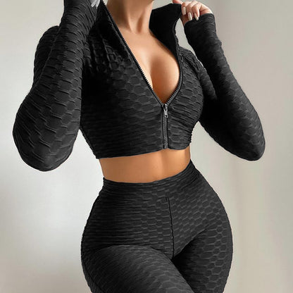 Women's 2 Piece Long Sleeve Crop Top / High Waist Shorts Suit