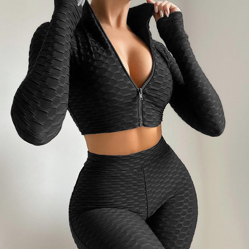 Women's 2 Piece Long Sleeve Crop Top / High Waist Shorts Suit