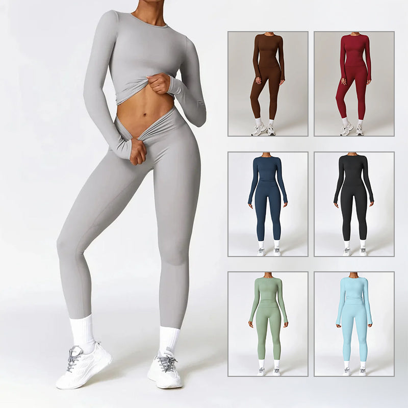 Women's Brushed Fabric Long Sleeved Gym Set - Quick Drying